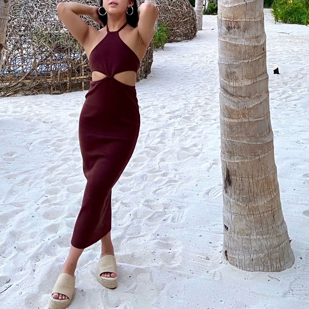 Brown Halter Neck Cut Out Dress